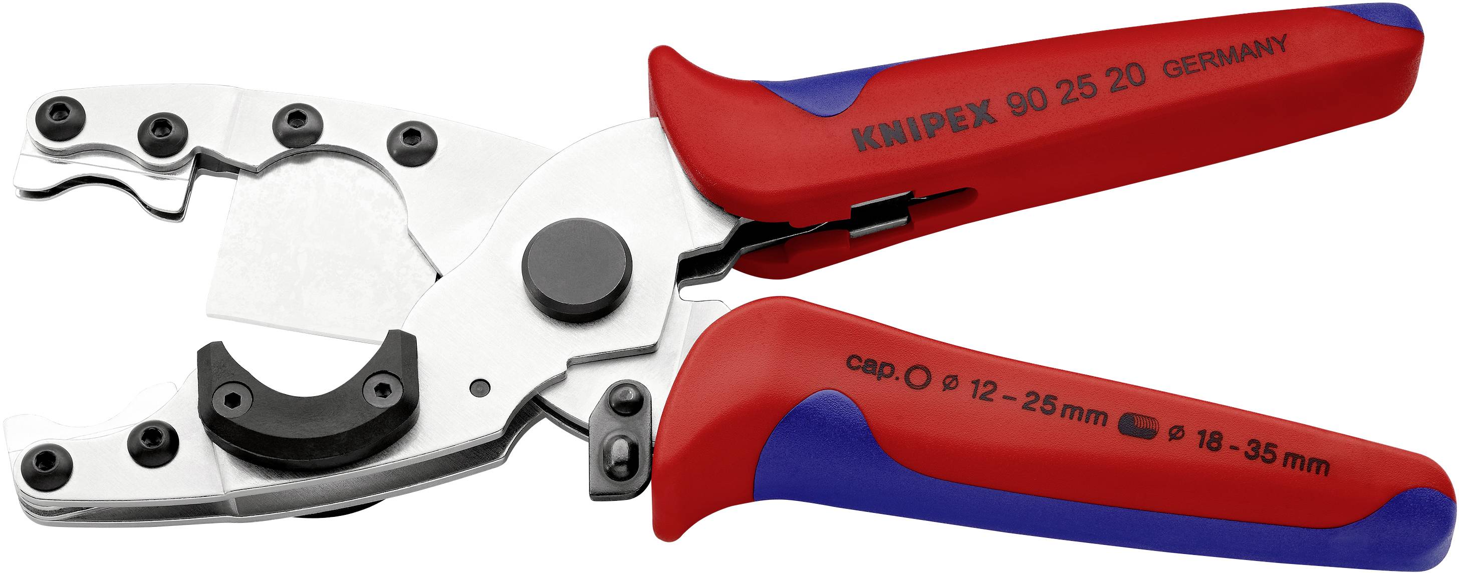 Une pince coupe-câbles rouge et bleue de la marque Knipex, adaptée pour des diamètres de câbles de 12-35 mm, fabriquée en Allemagne.