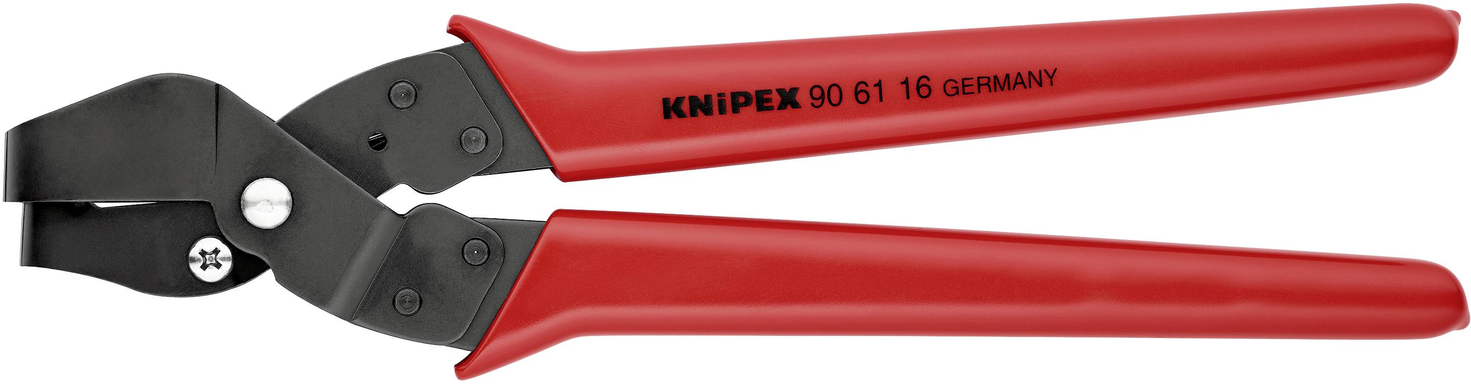 L'image montre un coupe-câbles avec des poignées rouges et une tête de coupe noire. Sur la poignée, il est inscrit 'KNIPEX 90 61 16 GERMANY'.