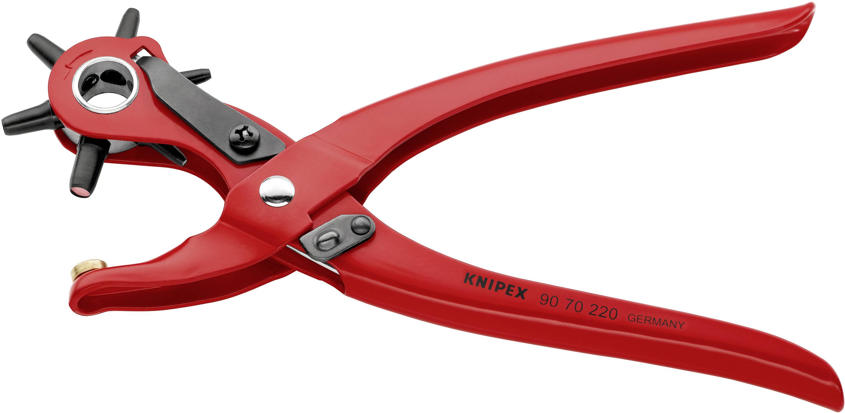 Poinçonneuse rotative en métal de couleur rouge avec plusieurs têtes de poinçonnage interchangeables, adaptée pour percer des trous dans le cuir et le tissu.