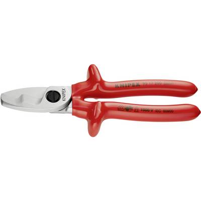 Ciseaux de câble rouges avec poignées isolées affichant le logo du fabricant 'KNIPEX'. Adaptés pour couper les câbles, sécurité renforcée jusqu'à 1000V.
