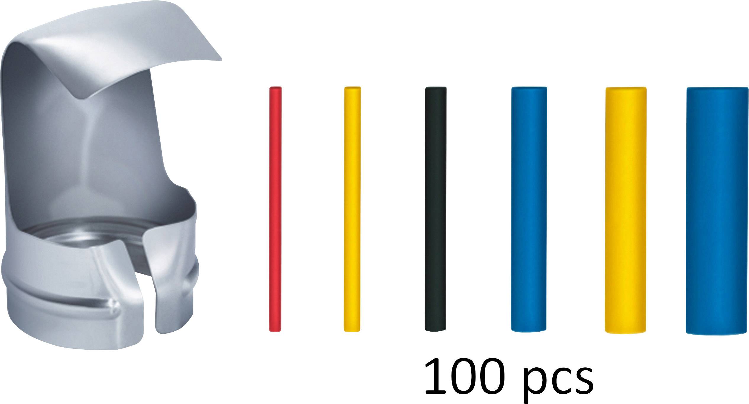 Ensemble de gaines thermorétractables de différentes couleurs : rouge, jaune, noir, bleu. Élément de combinaison à gauche. 100 pièces.