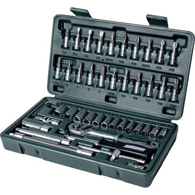 Une boîte à outils ouverte contenant différentes douilles, embouts et une clé à cliquet pour des travaux de réparation et d'assemblage.
