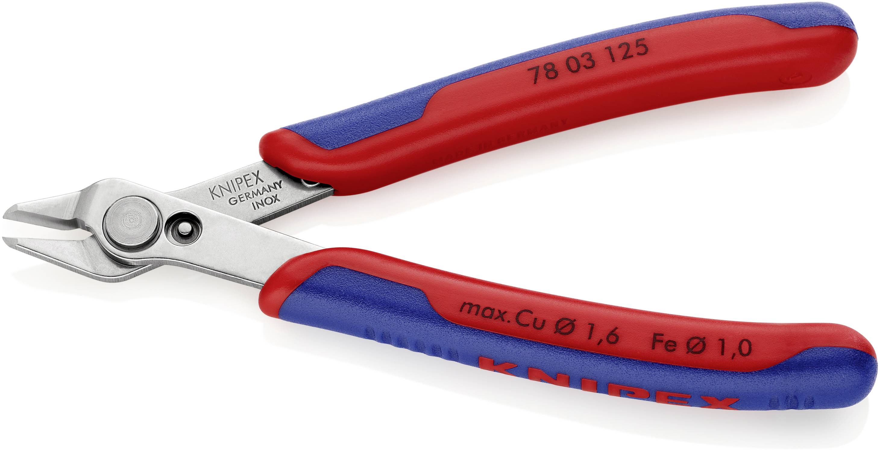 Coupe-côtés électronicien de KNIPEX avec poignée rouge et bleue. Adapté pour les fils de cuivre jusqu'à 1,6 mm et les fils de fer jusqu'à 1,0 mm.
