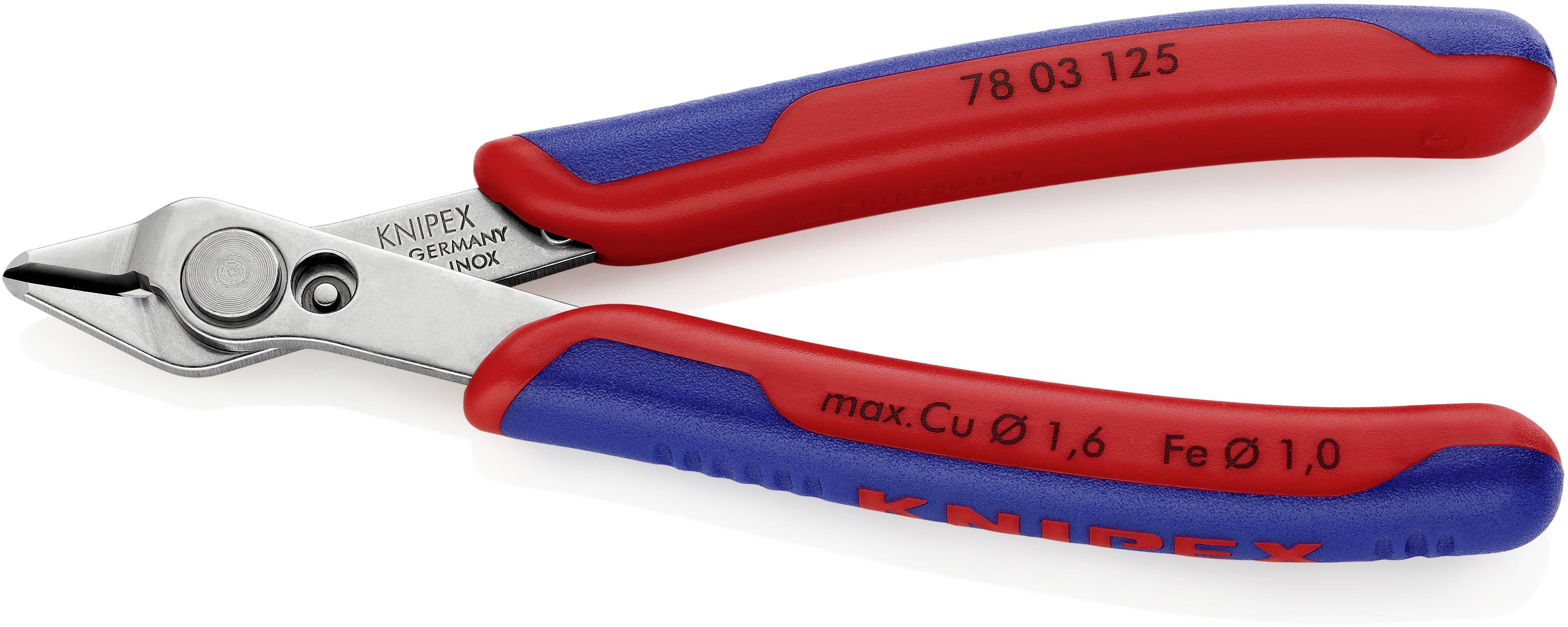Une pince coupante latérale Knipex avec poignées rouge et bleu et lames en acier inoxydable, adaptée pour couper du fil de cuivre et de fer.