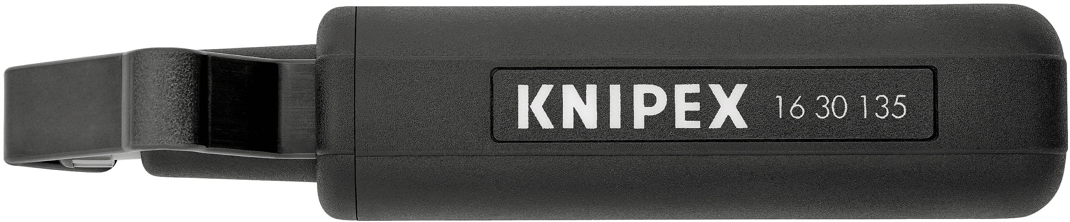 Pince de dénudage noire de la marque Knipex, modèle numéro 16 30 135, photographiée de face avec le nom de la marque bien visible.