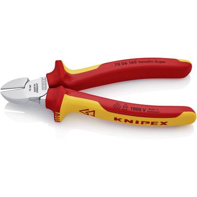 Coupe-câbles avec poignée rouge et jaune, nom de marque et marquage de sécurité visibles sur le côté.