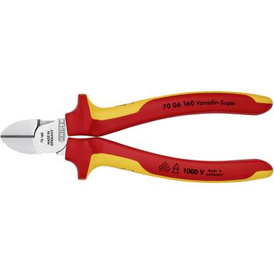 Une pince coupante latérale VDE testée, rouge et jaune, de la marque Knipex, isolée jusqu'à 1000 V, pour travaux électriques. Made in Germany.