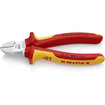 Une pince Knipex isolée rouge et jaune, adaptée aux travaux jusqu'à 1000 volts, avec une bonne isolation et une poignée ergonomique.