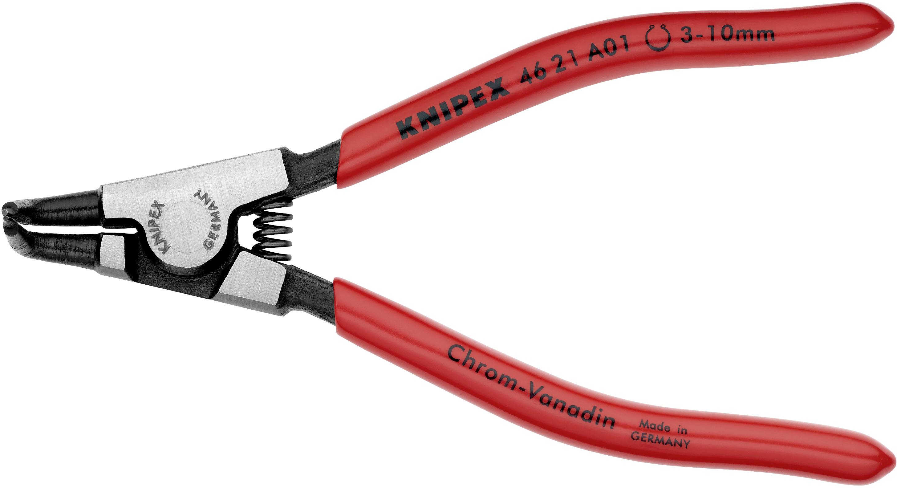 Une pince à anneaux intérieurs avec des poignées rouges portant l'inscription 'KNIPEX 46 21 A01 3-10mm', adaptée pour le travail avec des circlips intérieurs.