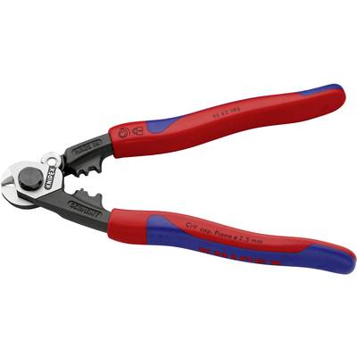 Pince coupante pour fil rouge et bleu de la marque Knipex avec poignées ergonomiques, adaptée pour couper des fils jusqu'à 2,5 mm d'épaisseur.
