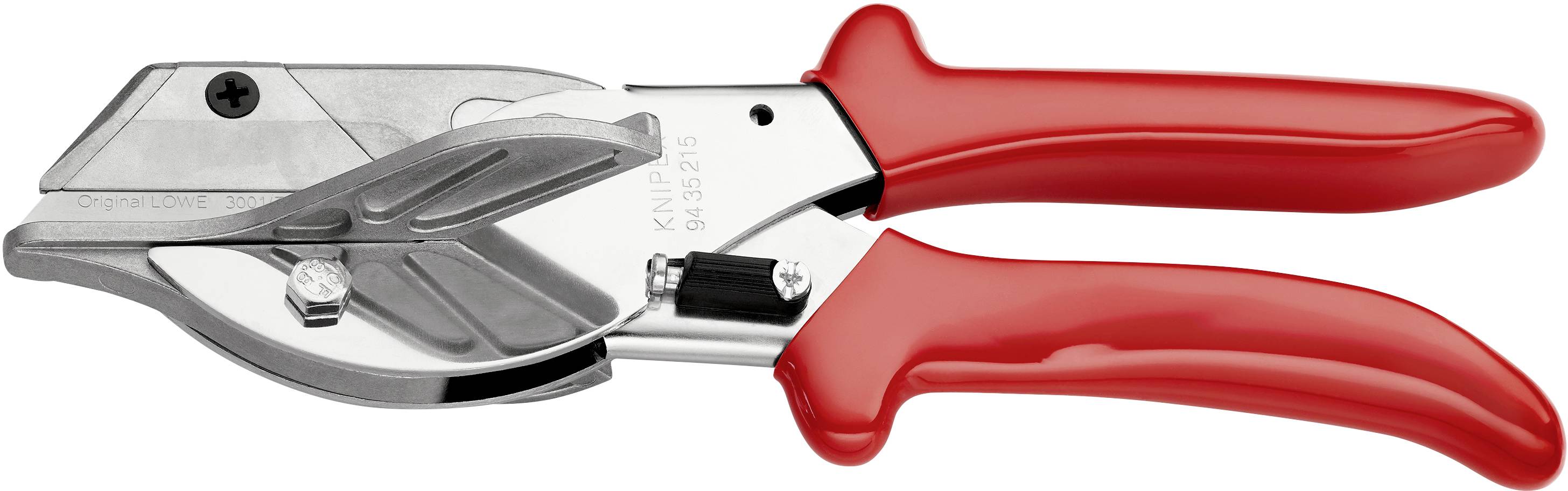 Ciseaux à poignée rouge en plastique avec une lame tranchante, adaptés pour couper précisément des matériaux tels que les plastiques et le caoutchouc.