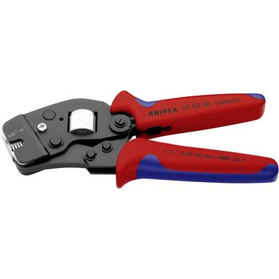 Une pince rouge et bleue de la marque 'Knipex', numéro de modèle 97 53 08, fabriquée en Allemagne, pour sertir des câbles de 0,08-10 mm².