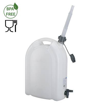 Un bidon en plastique blanc avec robinet et bec verseur, sans BPA et alimentaire, adapté aux liquides, d'une capacité de 20 litres.