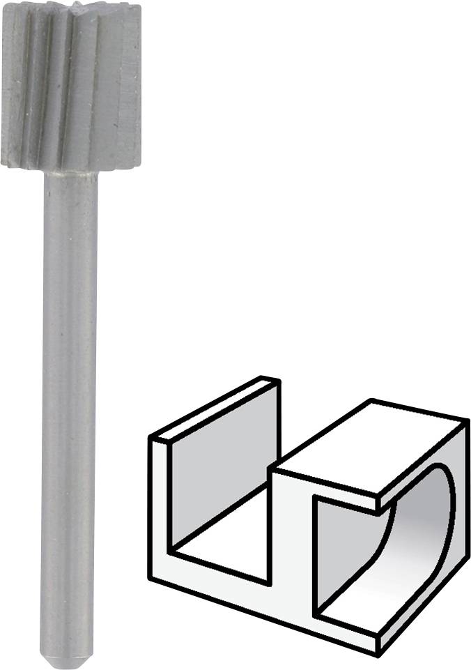 Un outil de fraisage cylindrique à arêtes droites. À côté de l'outil, un dessin technique représentant la forme de fraisage.