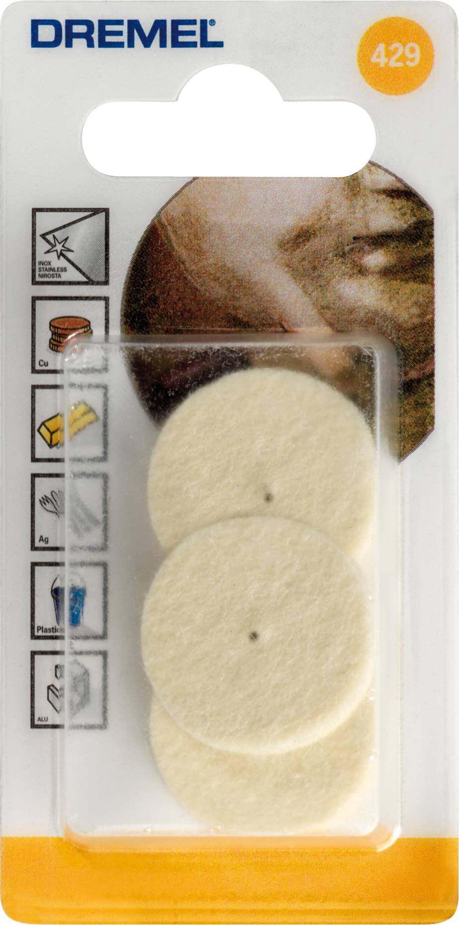 «Lot de tampons de polissage Dremel, contient trois tampons ronds blancs pour les travaux de finition sur métal ou verre, numéro de produit 429.»