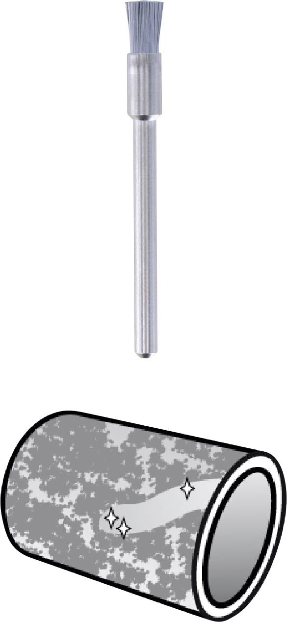 L'illustration montre un outil cylindrique avec des poils au-dessus d'une surface métallique. La surface est brillante et nettoyée.