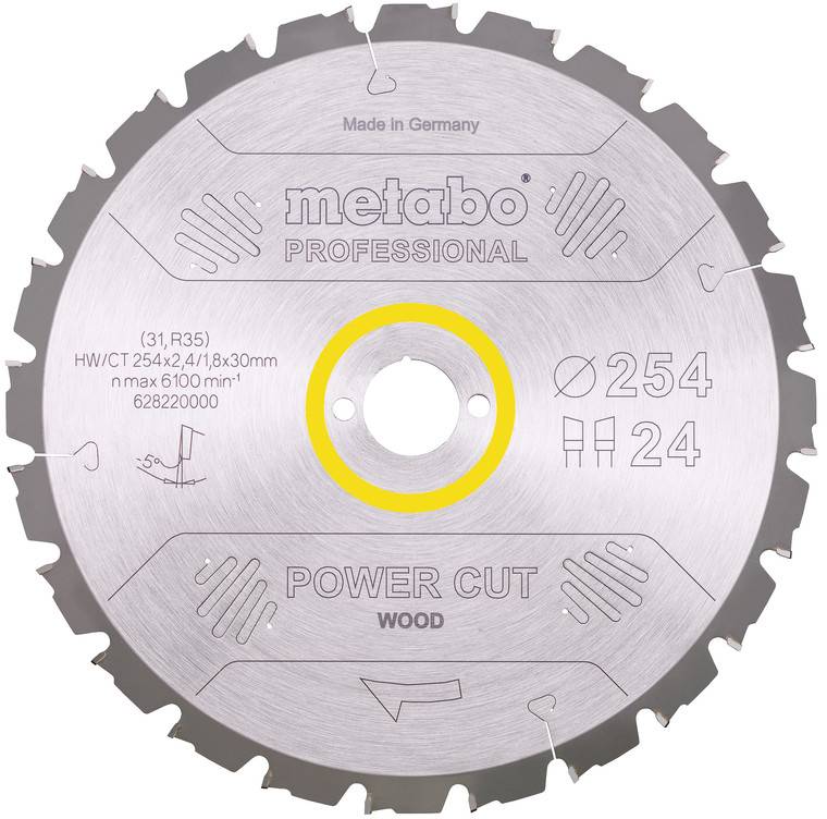Lame de scie circulaire Metabo Professional Power Cut pour le bois, argentée avec trou central surligné en jaune, étiquetée 254 mm et 24 dents.