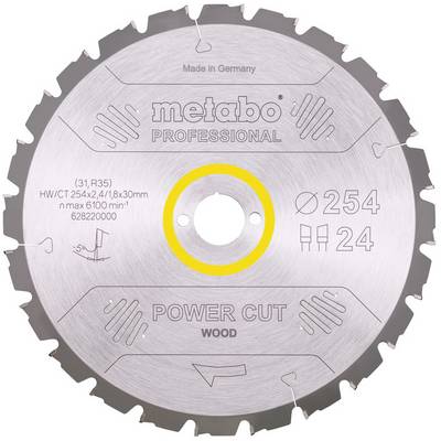 Lame de scie circulaire Metabo Professional Power Cut pour le bois, argentée avec trou central surligné en jaune, étiquetée 254 mm et 24 dents.