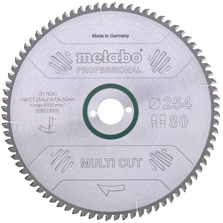 Lame de scie circulaire Metabo Professional 'Multi Cut' avec un diamètre de 254 mm et 80 dents, labellisée fabriquée en Allemagne.