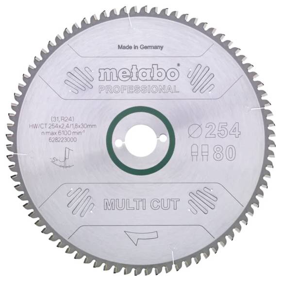 « Lame de scie circulaire avec marquage 'metabo PROFESSIONNEL', 'Fabriqué en Allemagne', et caractéristiques : diamètre de 254 mm, 80 dents, type MULTI CUT. »