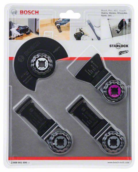 Ensemble d'accessoires multifonctions 'Bosch Starlock' sur son emballage, composé de quatre embouts différents pour diverses applications.