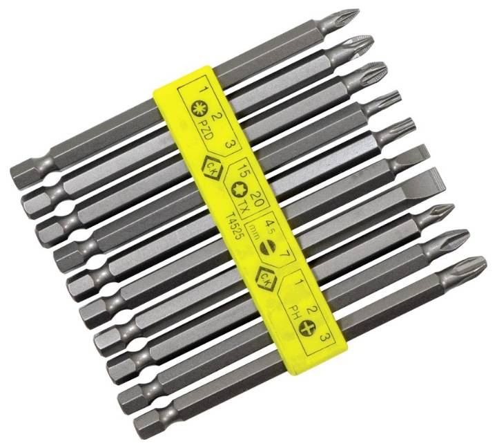 Un ensemble de dix embouts de tournevis avec différentes têtes, étiquetés avec des numéros et des symboles sur un support jaune pour une identification facile.