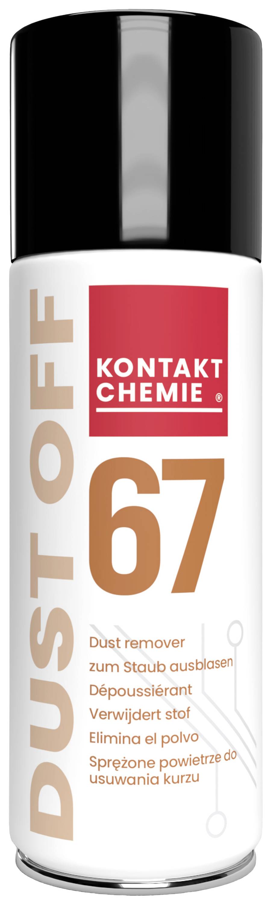 Un contenant de bombe aérosol blanc avec une étiquette rouge portant l'inscription 'DUST OFF 67' décrit un produit destiné à éliminer la poussière.