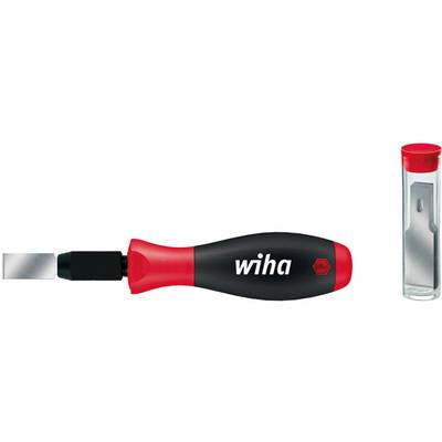 Tournevis Wiha à lame plate et capuchon de protection pour un travail précis. Livré avec un boîtier de rangement pour lames de rechange.