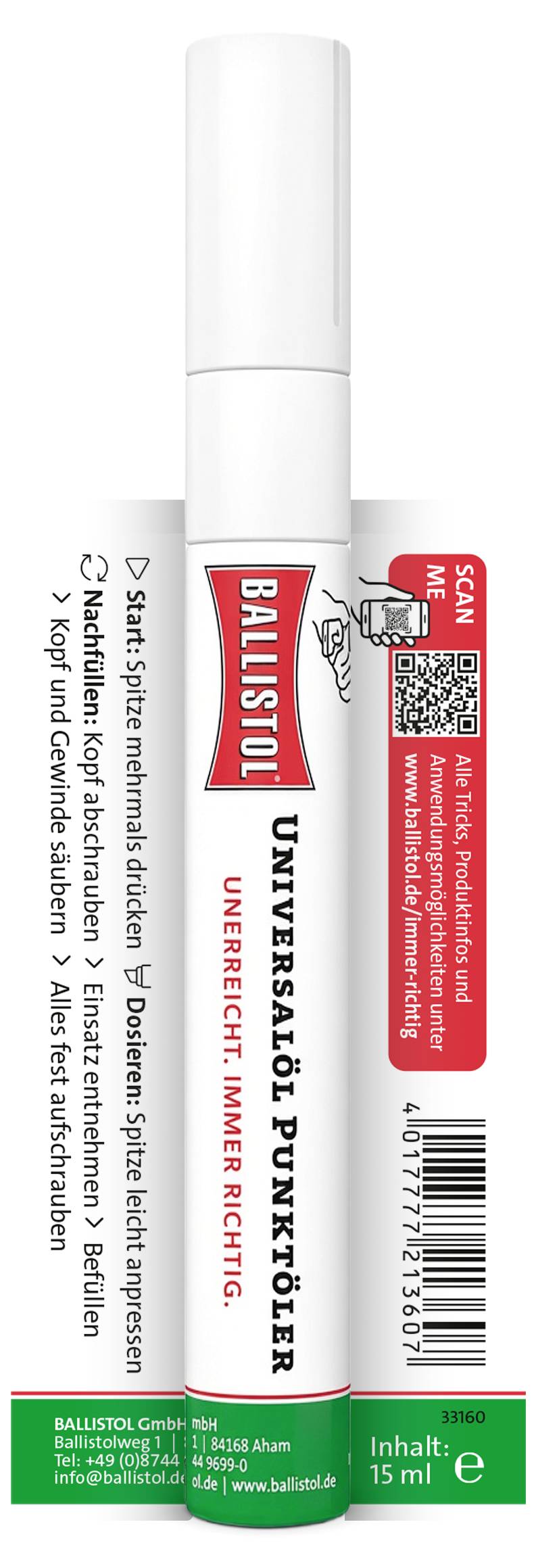 Spray blanc Ballistol Universal Öl en position verticale avec étiquette rouge et noire, code QR, code-barres, texte de produit allemand et étiquette de base verte.