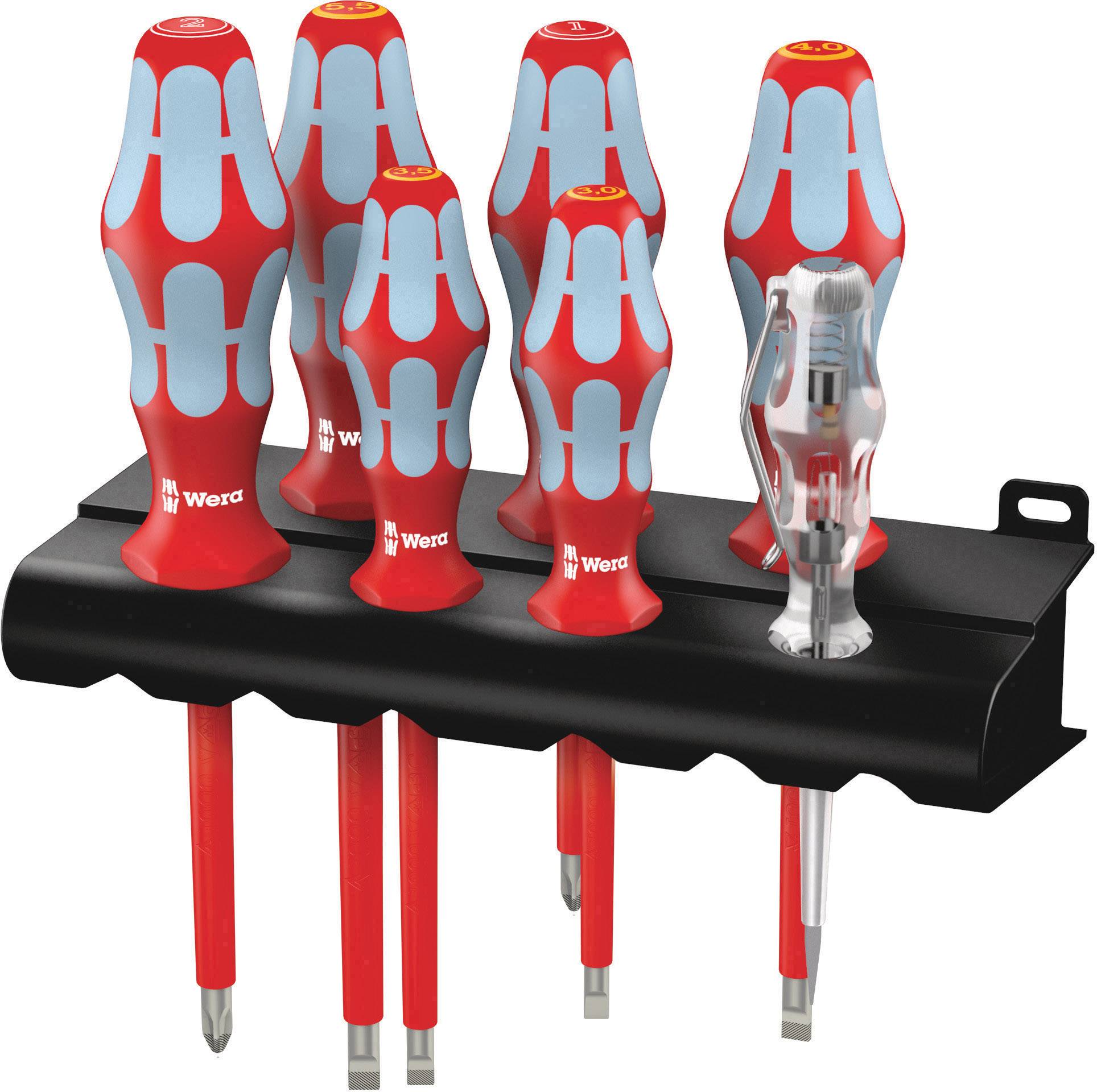 Un ensemble de six tournevis rouge et bleu avec un tournevis transparent, disposés sur un support noir.