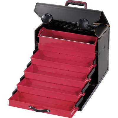Une boîte à outils noire ouverte avec des tiroirs coulissants rouges empilés à différents niveaux.