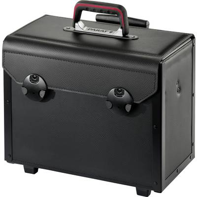 Coffret à outils noir, rectangulaire, avec poignée et fermoirs à clips, adapté au rangement et au transport sécurisé des outils.