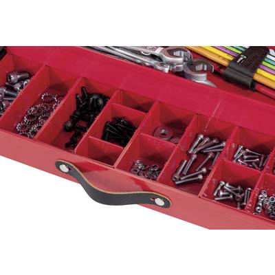 Une boîte à outils rouge ouverte avec des compartiments, remplie de vis, d'écrous, de rondelles et de clés à molette.