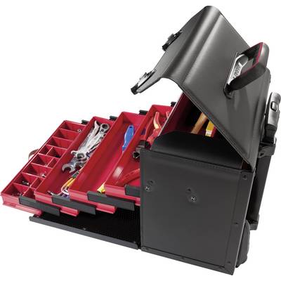 Trousse à outils ouverte avec des compartiments rouges contenant divers outils tels que des clés et des tournevis.