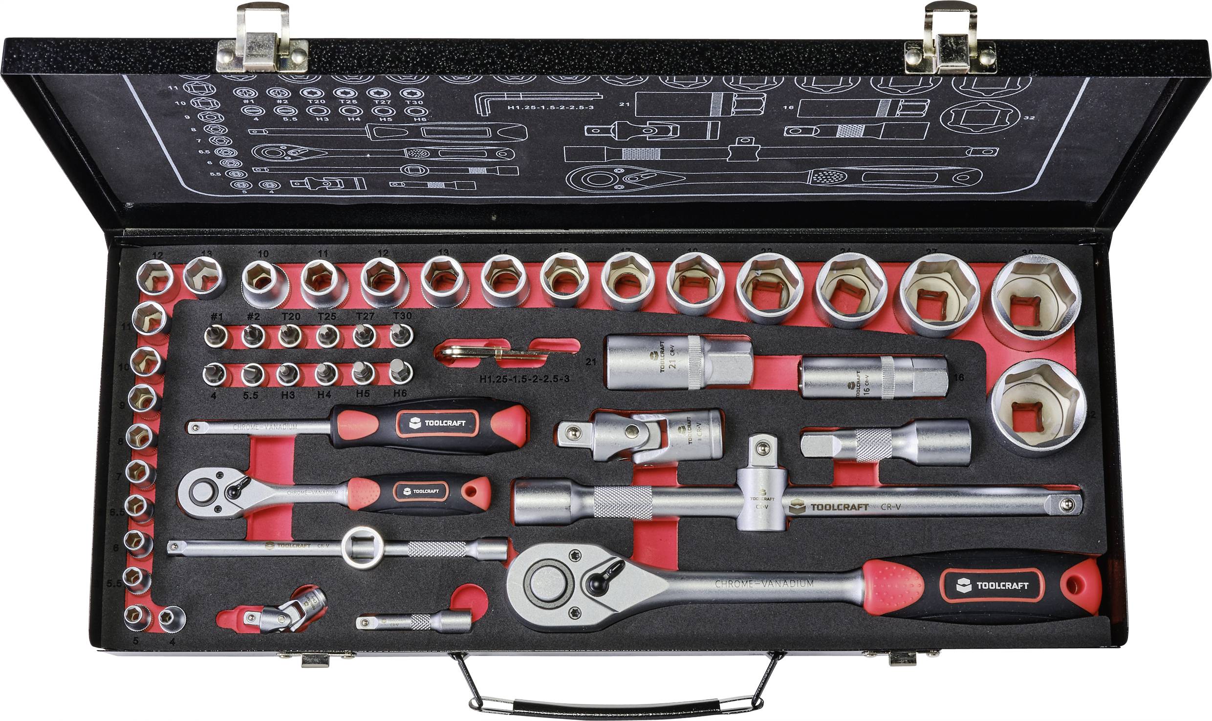 Jeu de clés à douille TOOLCRAFT 826372 métrique 1/4" (6.3 mm), 1/2" (12.5 mm) 55 pièces