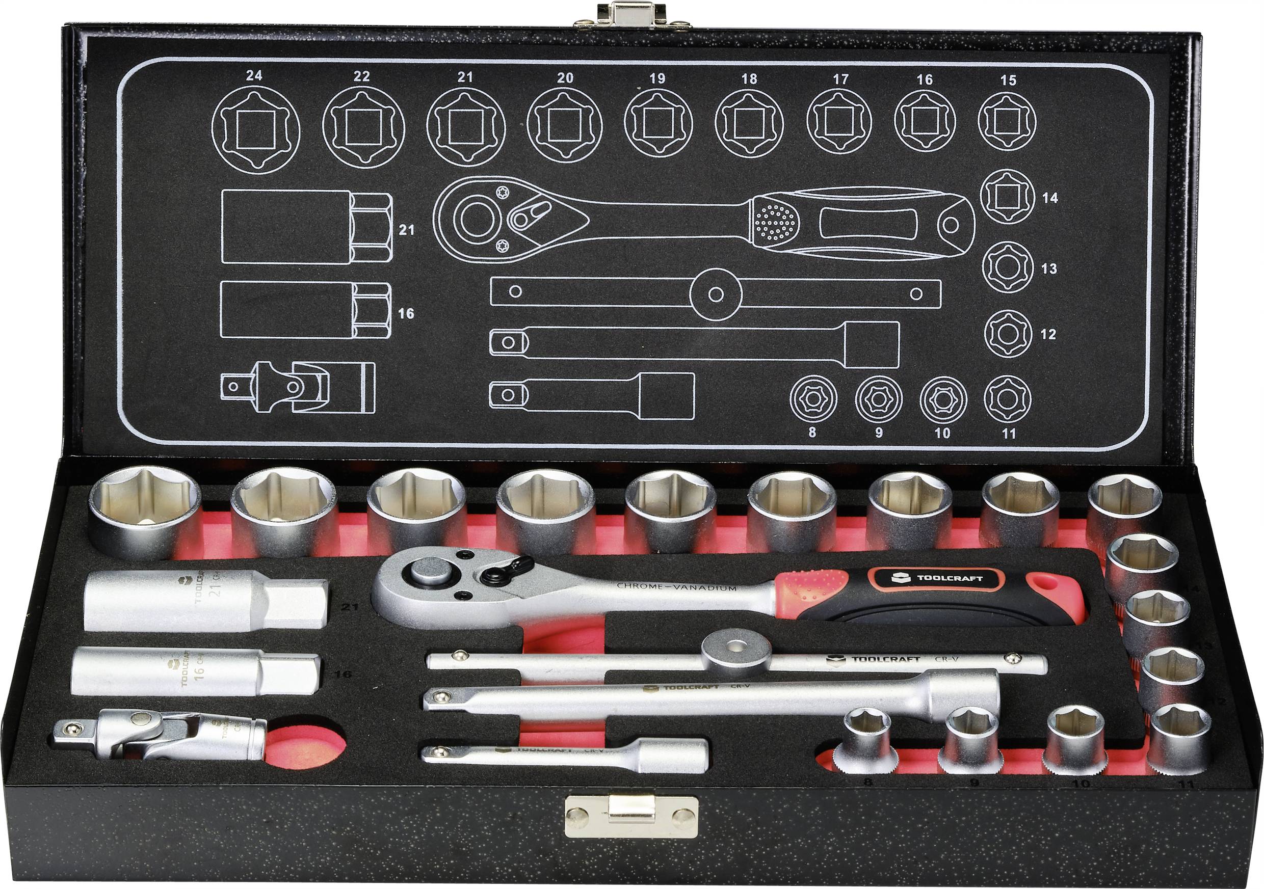 Ensemble d'outils comprenant différentes clés à douille et une clé à cliquet dans un coffret ouvert. Le compartiment supérieur présente des gabarits pour le rangement.
