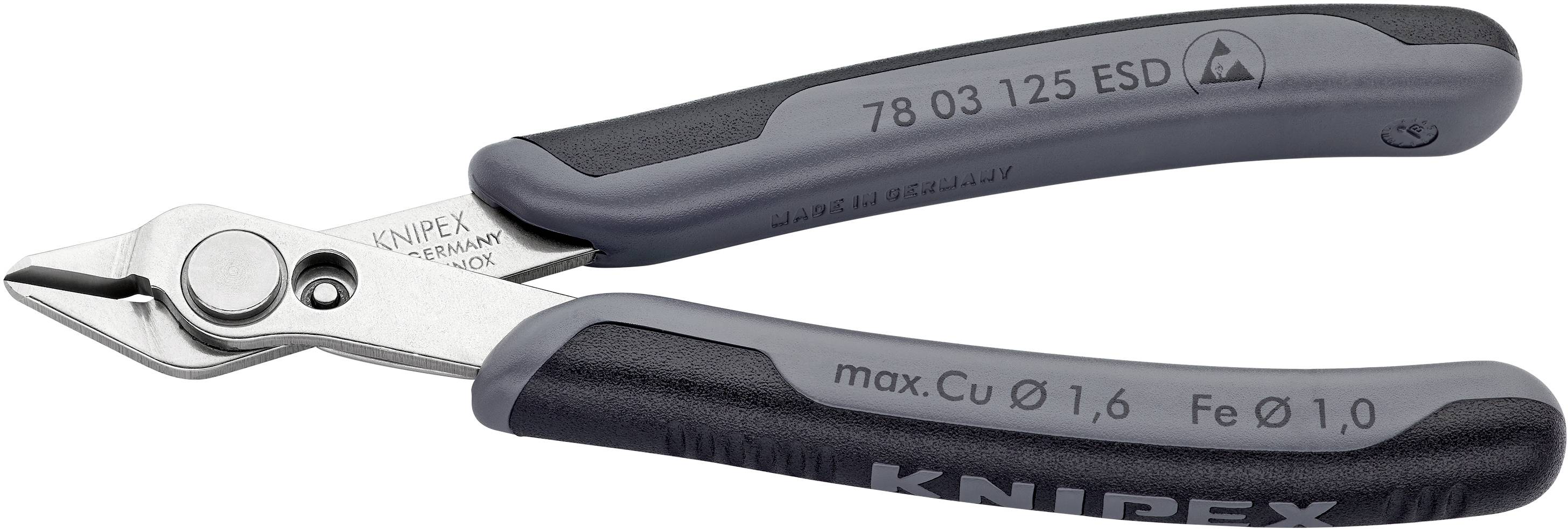 Une pince multifonction Knipex avec poignées isolantes, adaptée pour la coupe de fils, modèle '78 03 125 ESD'. Convient pour Cu Ø max. 1,6 mm, Fe Ø 1,0 mm.
