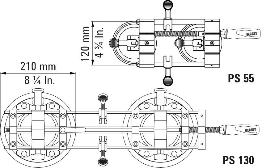 Dessin technique d'un système de serrage avec les modèles PS 55 et PS 130. Dimensions indiquées : 210 mm x 120 mm, illustrant le mécanisme de vis.