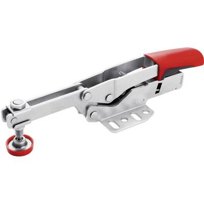 Fermeture métallique de serrage avec poignée rouge pour la fixation d'objets. Comprend une vis réglable pour une amplitude variable.