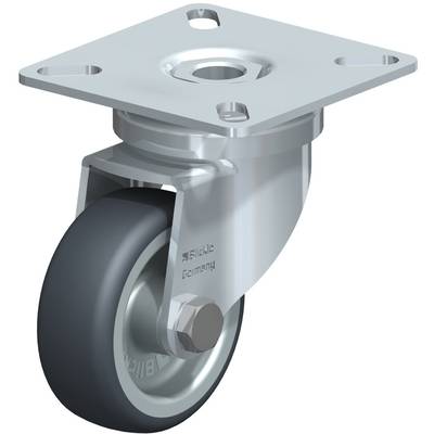 Roulette pivotante avec plaque métallique et roue noire, adaptée aux meubles ou aux appareils de transport. Elle permet une mobilité facile.