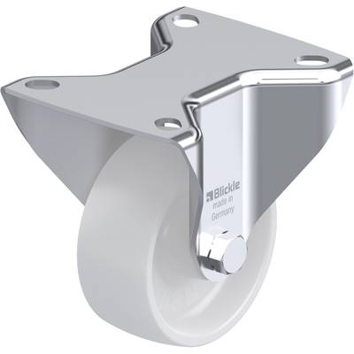 Galet de roulement avec boîtier, roue blanche en plastique et support argenté, inscription : Bickle, fabriqué en Allemagne. Pour meubles ou transport.