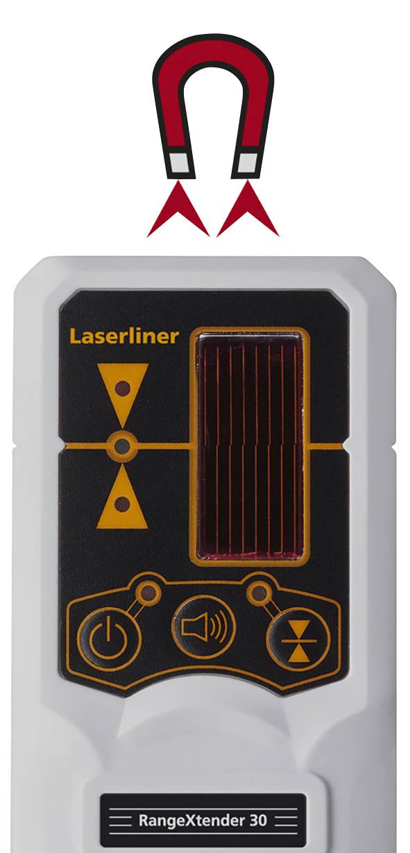 Un dispositif portable avec un écran et un aimant en haut indique une connexion à un laser. Des panneaux de commande en bas avec des symboles de marche/arrêt, son et laser.