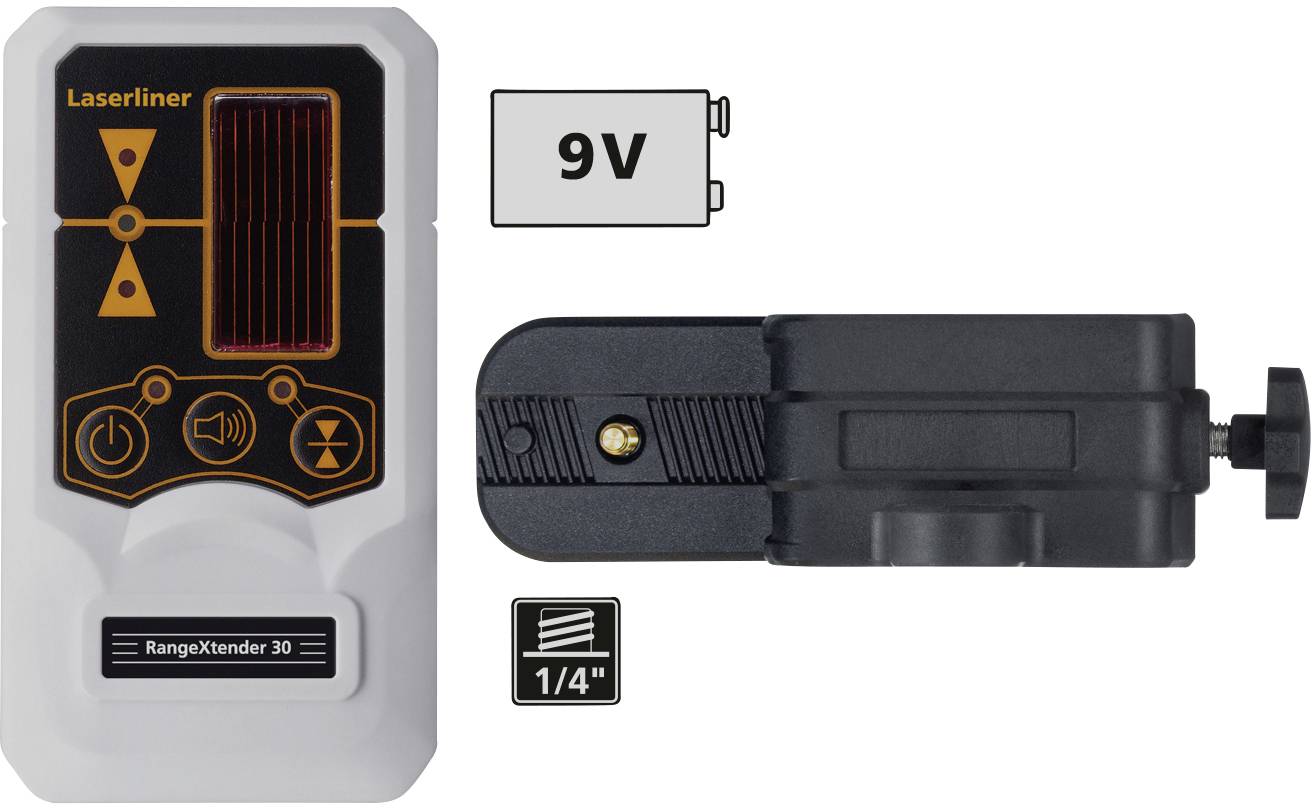 Récepteur et support laser, les éléments d'affichage indiquent des flèches de direction et un symbole de volume. Le support dispose d'une fixation de 1/4 de pouce.