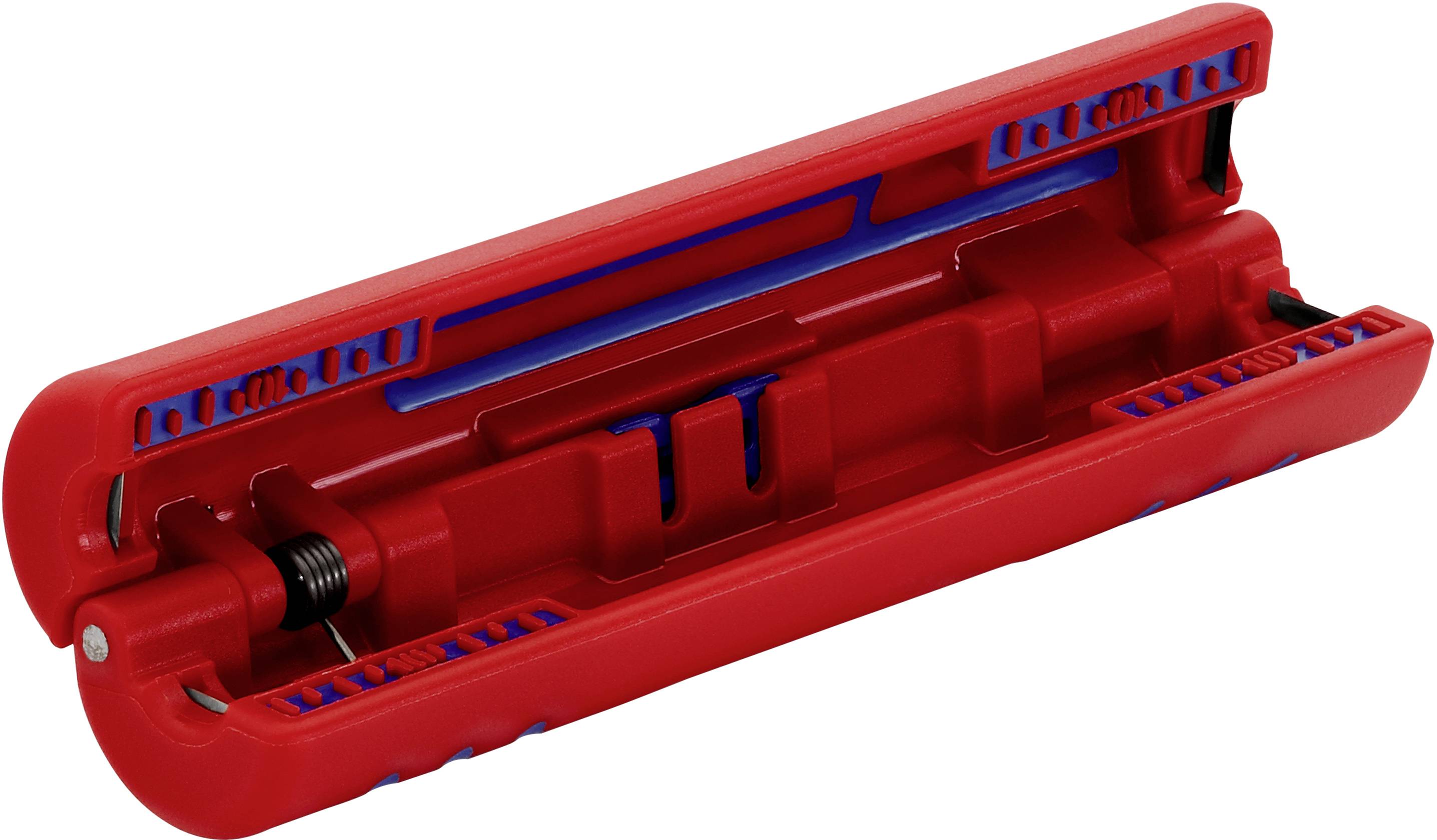 Outil rouge, rectangulaire, avec un intérieur bleu, qui ressemble à un système de pincement ou à un coupe-câbles.