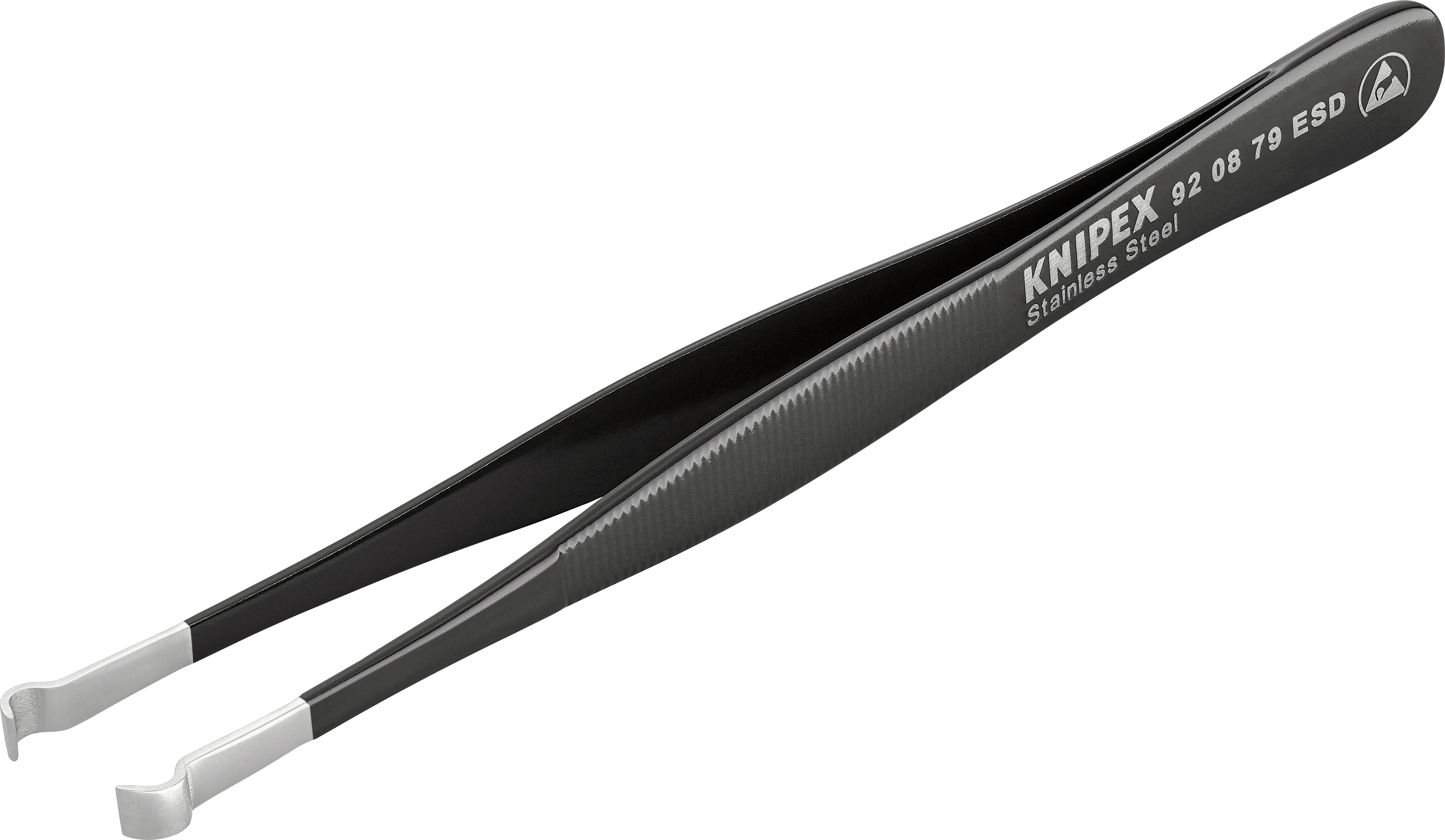 Une pince de précision en acier inoxydable noir avec l'inscription 'Knipex Stainless Steel 92 08 79 ESD'.