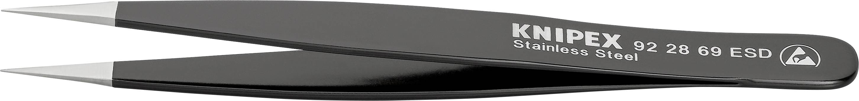 Pince à épiler noire en acier inoxydable à extrémités pointues, avec le nom de l'entreprise 'KNIPEX' et les informations du modèle imprimées sur le côté.