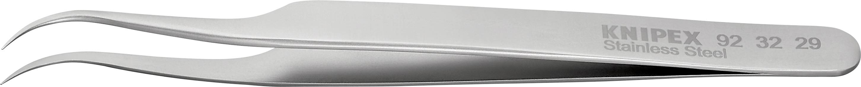 Une pince brucelles en acier inoxydable avec une pointe courbée, portant la gravure 'KNIPEX Stainless Steel', idéale pour des travaux de précision.