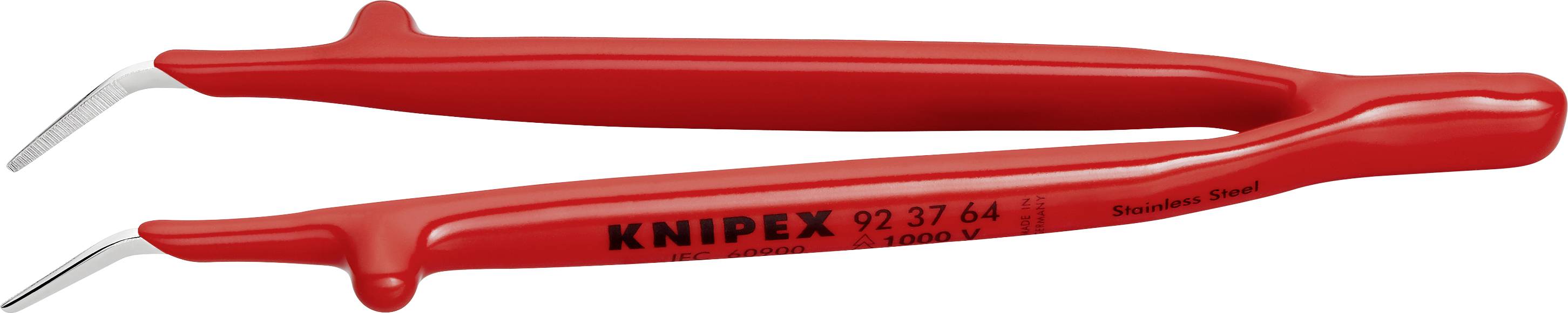 Pince de précision rouge aux pointes courbes, adaptée aux travaux de montage délicats. Inscription : « KNIPEX 92 37 64 ».