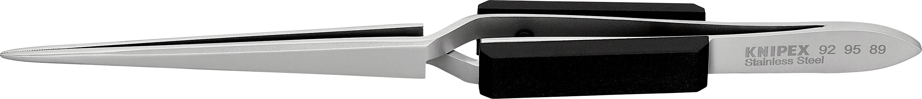 Une pince argentée aux pointes étroites et longues, adaptée aux travaux de précision. Sur la pince est inscrit : « Knipex 02 05 09 ».