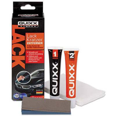 Quixx Kit de réparation des rayures de peinture : Deux tubes de solution de réparation et de finition, papier abrasif, chiffon. Pour réparer les rayures sur la peinture automobile.